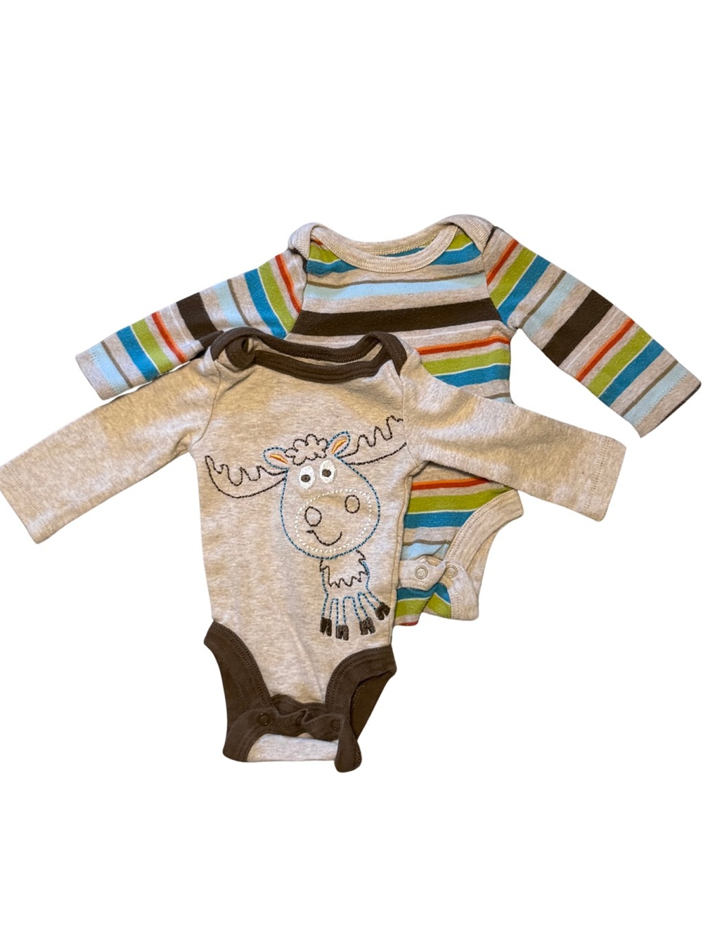 Koala Kids Beige Moose Applique & Multicolor Striped One-Piece Pair